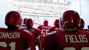 A collage of college football bowl games from 2022 and 2023 featuring teams, fans, and iconic stadiums.