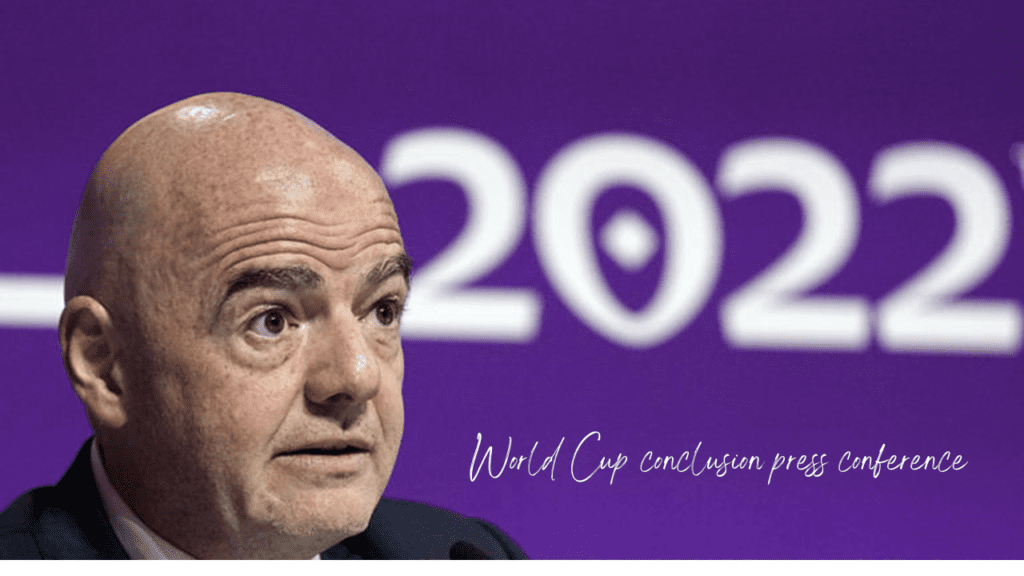 Dec. 16, 2022, in Doha, Qatar, at the end of the FIFA World Cup, FIFA President Gianni Infantino talks to the media.