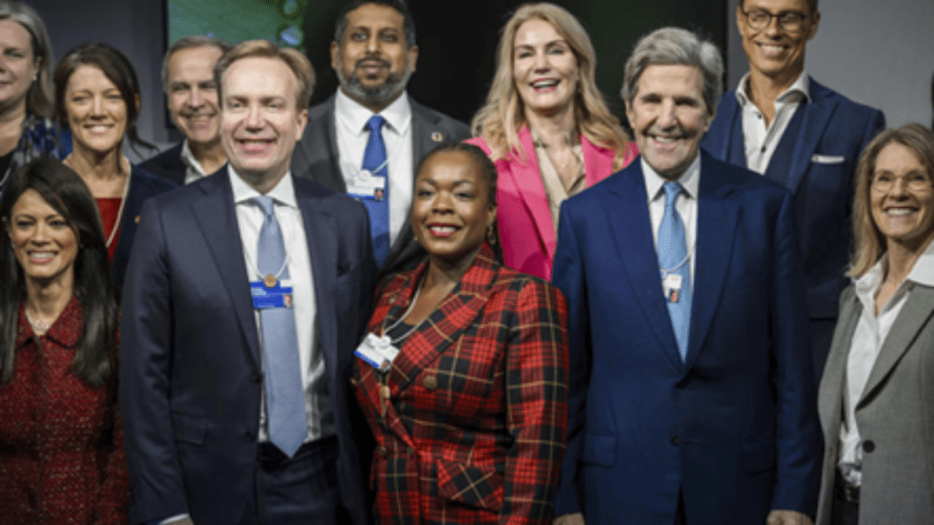 Borge Brende, left, President of the World Economic Forum, Nili Gilbert, middle, Vice-Chairwoman of Carbon Direct, and John F. Kerry, right, US Special Presidential Envoy for Climate, respond at the 53rd annual WEF conference in Davos, Switzerland, Tuesday, January 17, 2023. From 16 to 20 January at Davos, entrepreneurs, scientists, business, and political leaders discuss Cooperation in a Fragmented World.