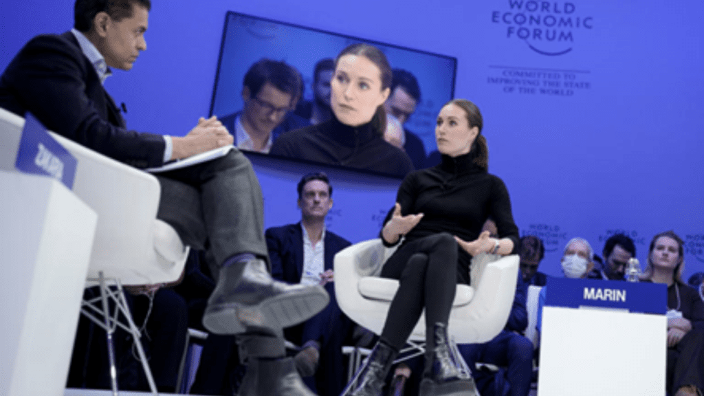 
Fareed Zakaria interviews Finland's Prime Minister Sanna Marin, right, during the World Economic Forum in Davos, Switzerland, Tuesday, January 17, 2023. From Jan. 16 to 20, 2023, Davos hosts the World Economic Forum. AP/Markus Schreiber