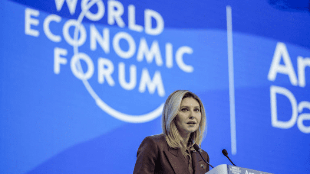 Olena Zelenska, Ukraine's first lady, speaks at the World Economic Forum in Davos on January 17, 2023. From Jan. 16 to 20, 2023, Davos hosts the World Economic Forum.
