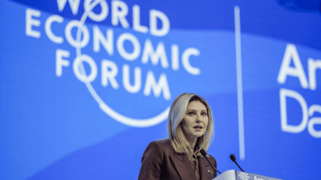 
Olena Zelenska, Ukraine's first lady, speaks at the World Economic Forum in Davos on January 17, 2023. From Jan. 16 to 20, 2023, Davos hosts the World Economic Forum.