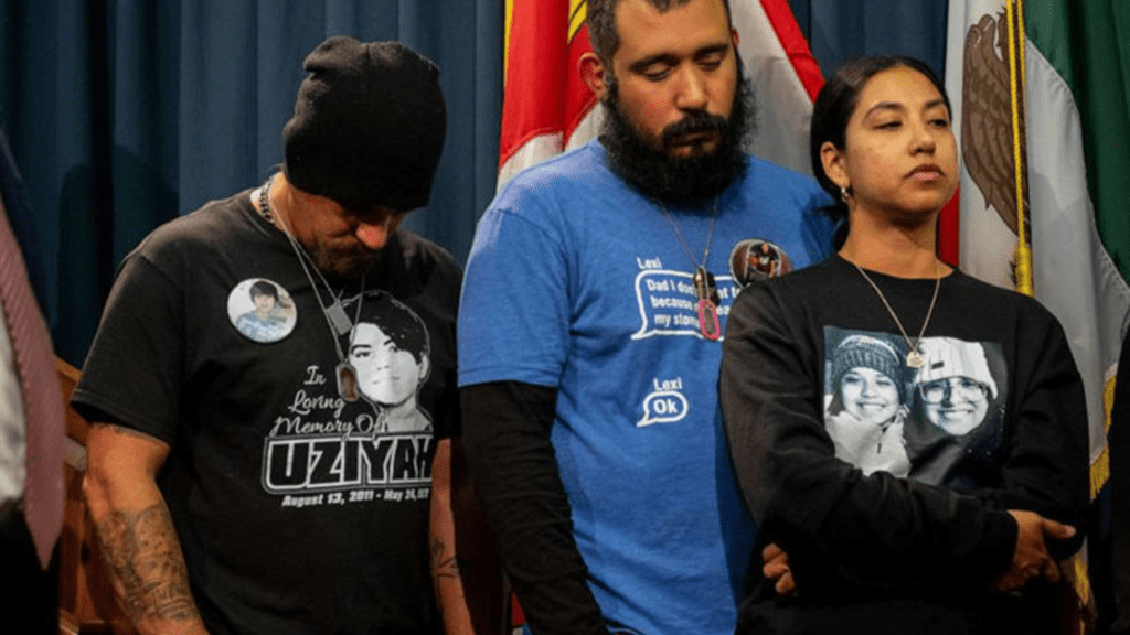 
On January 24, 2023, in Austin, Texas, the families of 10-year-old Lexi Rubio and 11-year-old Uziyah Garcia stand together at a news conference at the Texas State Capitol.