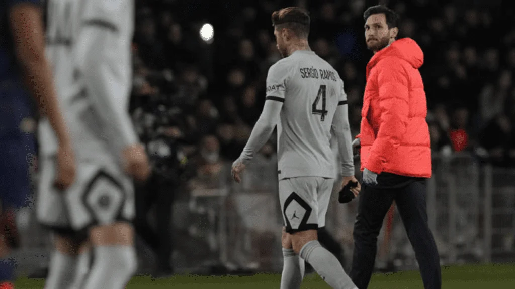 Injured PSG's Sergio Ramos departs the field during the French League One soccer match between Montpellier and Paris Saint-Germain at State La Mosson stadium in Montpellier, France, Wednesday, Feb. 1, 2023.