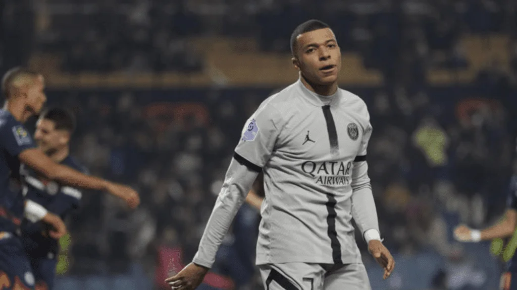 Kylian Mbappe of PSG reacts after missing a chance to score during the French League One soccer game between Montpellier and Paris Saint-Germain on Wednesday, February 1, 2023, at the State La Mosson stadium in Montpellier, France.