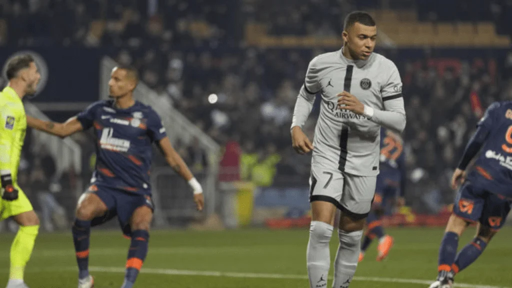 Kylian Mbappe reacts after missing a chance in the French League One match between Montpellier and Paris Saint-Germain at the State La Mosson stadium in Montpellier, France, Wednesday, Feb. 1, 2023.