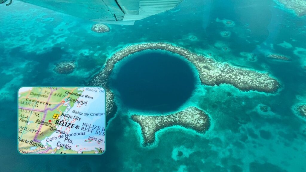 Aerial view of the Great Blue Hole, a massive sinkhole in the ocean near the coast of Belize.