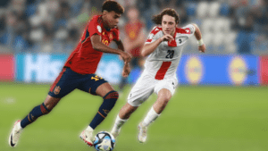 Spain's Lamine Yamal, on the left, plays against Georgia in a Euro 2024 group A qualifying match