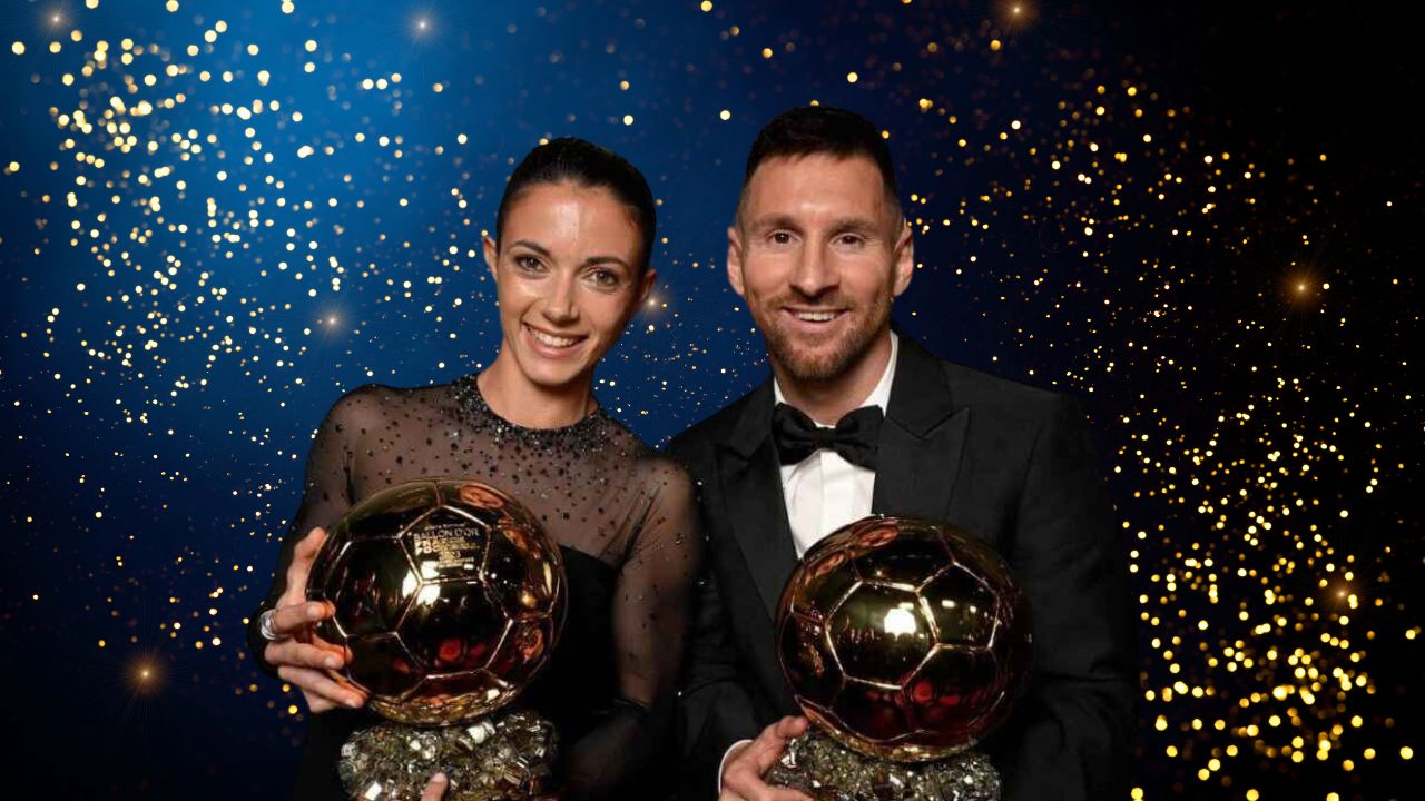 Finalists for the 2023 Ballon d'Or award, featuring Lionel Messi, Erling Haaland, and Kylian Mbappe.