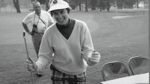 On July 28, 1969, at Kiamesha Lake, New York, Betsy Rawls came from behind to win the $36,000 Ladies Professional Golfers' Association competition. She was smiling after the round.