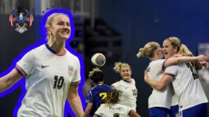 Lindsey Horan scoring a penalty kick during the SheBelieves Cup, securing a 2-1 victory for the United States over Japan.