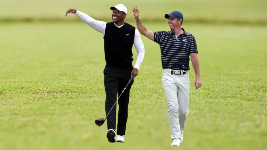 Tiger Woods, positioned on the left, holds the belief that Rory McIlroy's Masters victory is imminent.
