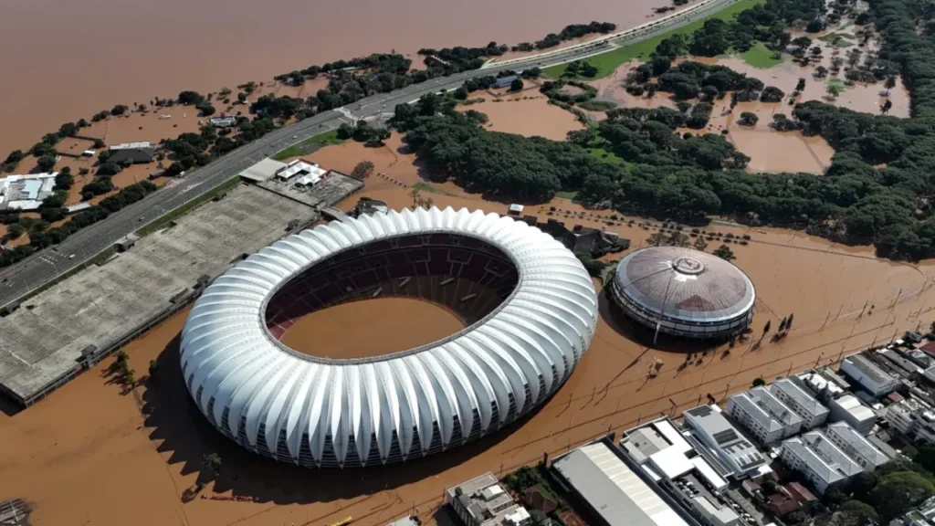 Aerial view of the flooded Beira-Rio stadium of the Brazilian football team Internacional in Porto Alegre. Anselmo Cunha / AFP via Getty Images
© Provided by Grist