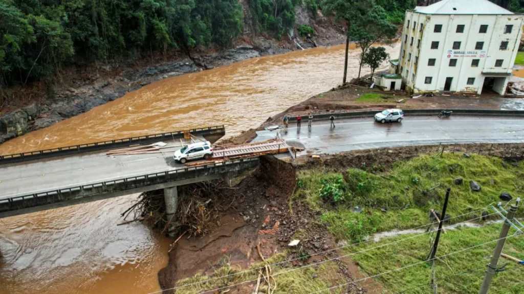 Aerial view of a bridge partially destroyed by floods in Encantado, Rio Grande do Sul state, Brazil on May 5, 2024. Gustavo Ghisleni / AFP / Getty Images
© Provided by Grist