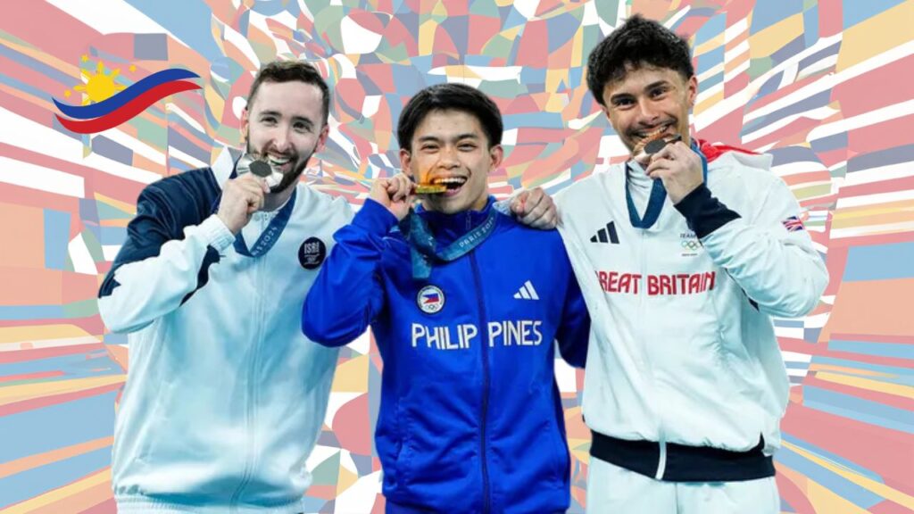 Carl Yulo, in the middle, beat Artem Dolgopyat, on the left, who was the defending world and Olympic floor exercise champion, by a tiny margin of.044 points. He is the first Filipino man to win an Olympic gold title. Jake Jarman, on the right, from Great Britain won third place. (Image: Actiongames Now)