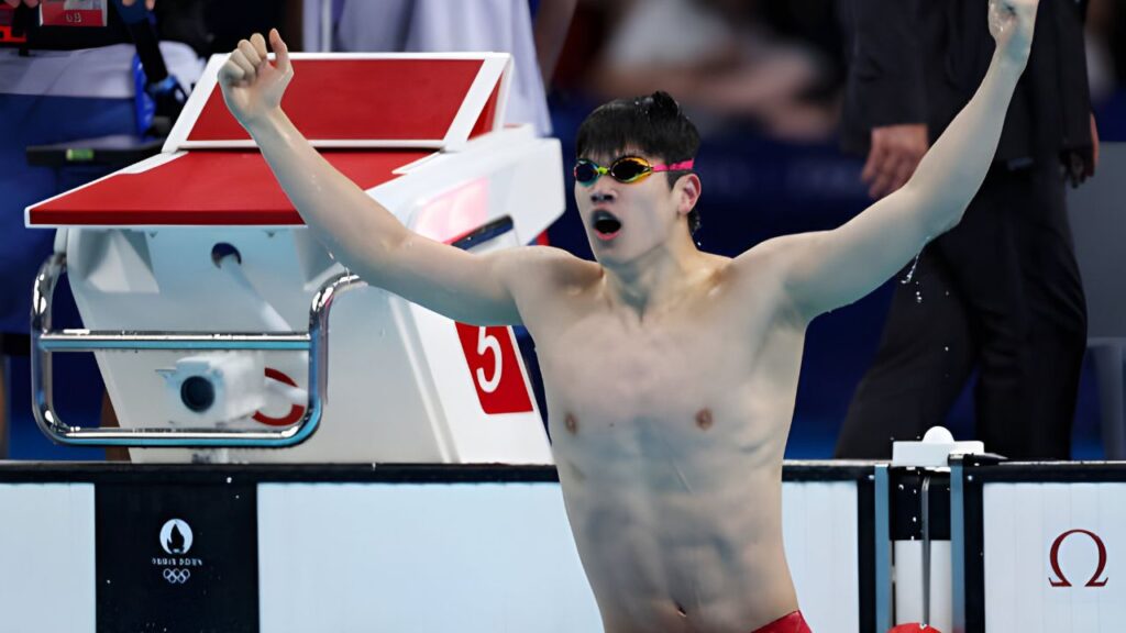 Zhanle Pan of Team People's Republic of China celebrates after setting a new world record in the Men's 100m Freestyle Final at the Paris La Defense Arena in Nanterre, France, on July 31, 2024. This was the fifth day of the Olympic Games Paris 2024. (Getty Images photo by Quinn Rooney)