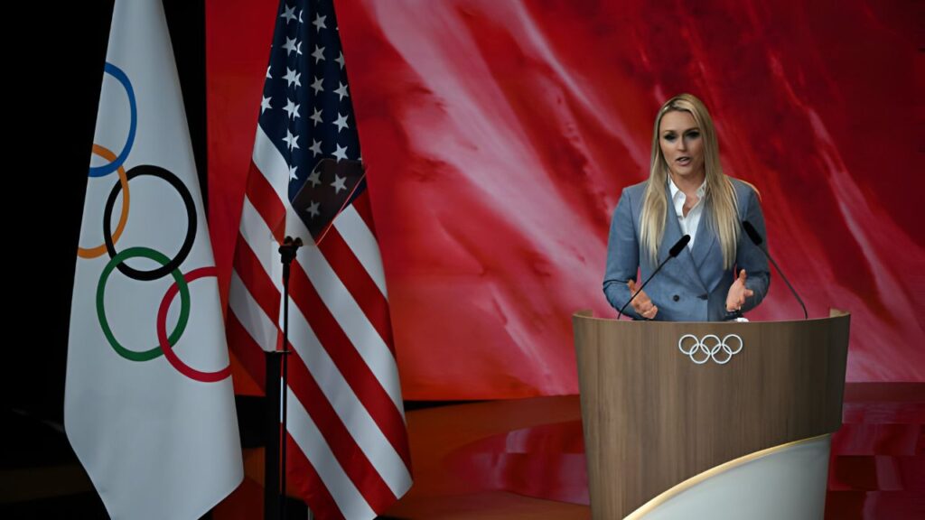 Before the Paris 2024 Olympic Games, US former alpine skiing champion Lindsey Vonn talks during the Salt Lake City bid for the 2034 Winter Games at the 142nd IOC session in Paris on July 24, 2024. Photo by Fabrice COFFRINI/AFP Photo by FABRICE COFFRINI/AFP/Getty Images