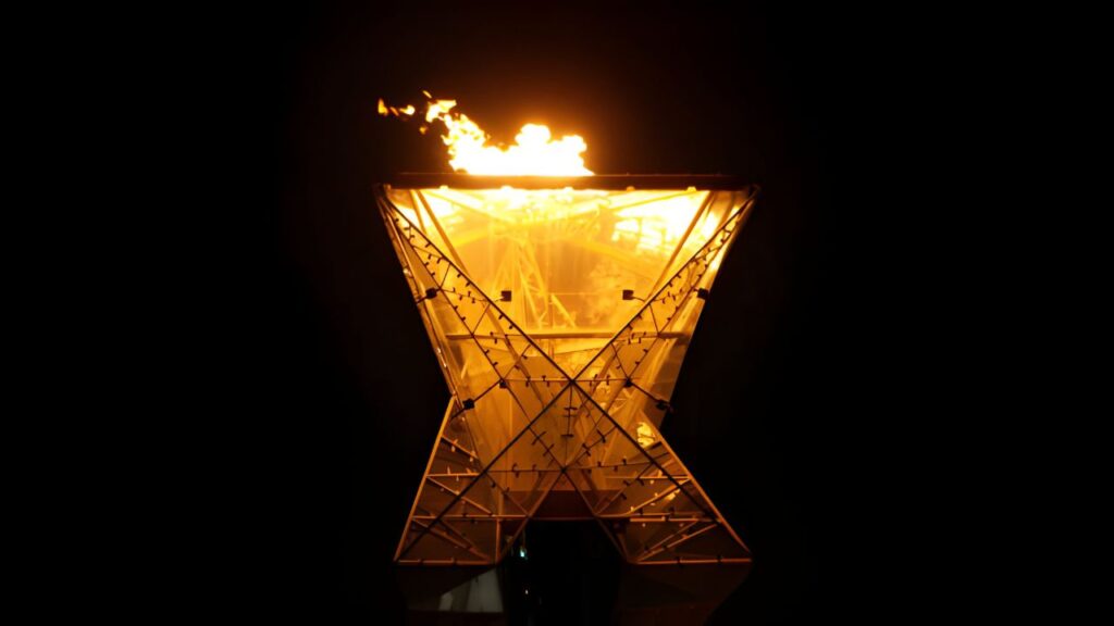 July 24, Salt Lake City: (Editor's note: Image is an extracted frame from 4K video clip) On July 24, 2024, Salt Lake City, Utah, celebrates its election as the 2034 Olympic and Paralympic Winter Games host by lighting the Olympic cauldron outside Rice-Eccles Stadium. Photo by Korey Martin/Getty Images)