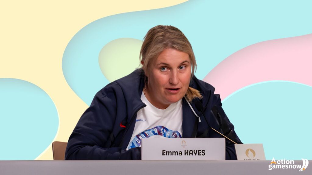 FOOTAGE: Emma Hayes of the USWNT talks to the press at a press meeting in Paris, France, on August 9, 2024. The event took place at the Main Press Center. 