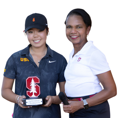 Dr. Condoleezza Rice and Jasmine Koo holding a trophy for individual winner at an event in Stanford, California.