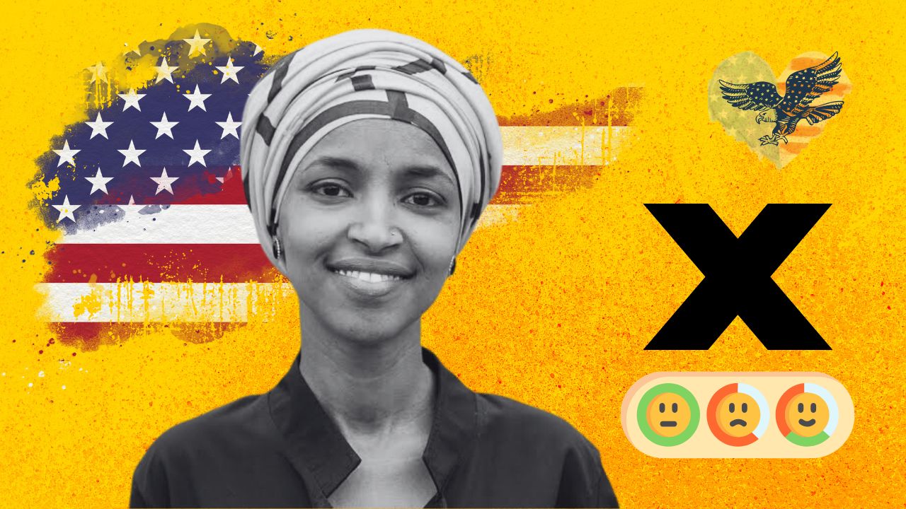 Image of Ilhan Omar with a collage of Twitter reactions discussing calls for her deportation and political controversies.